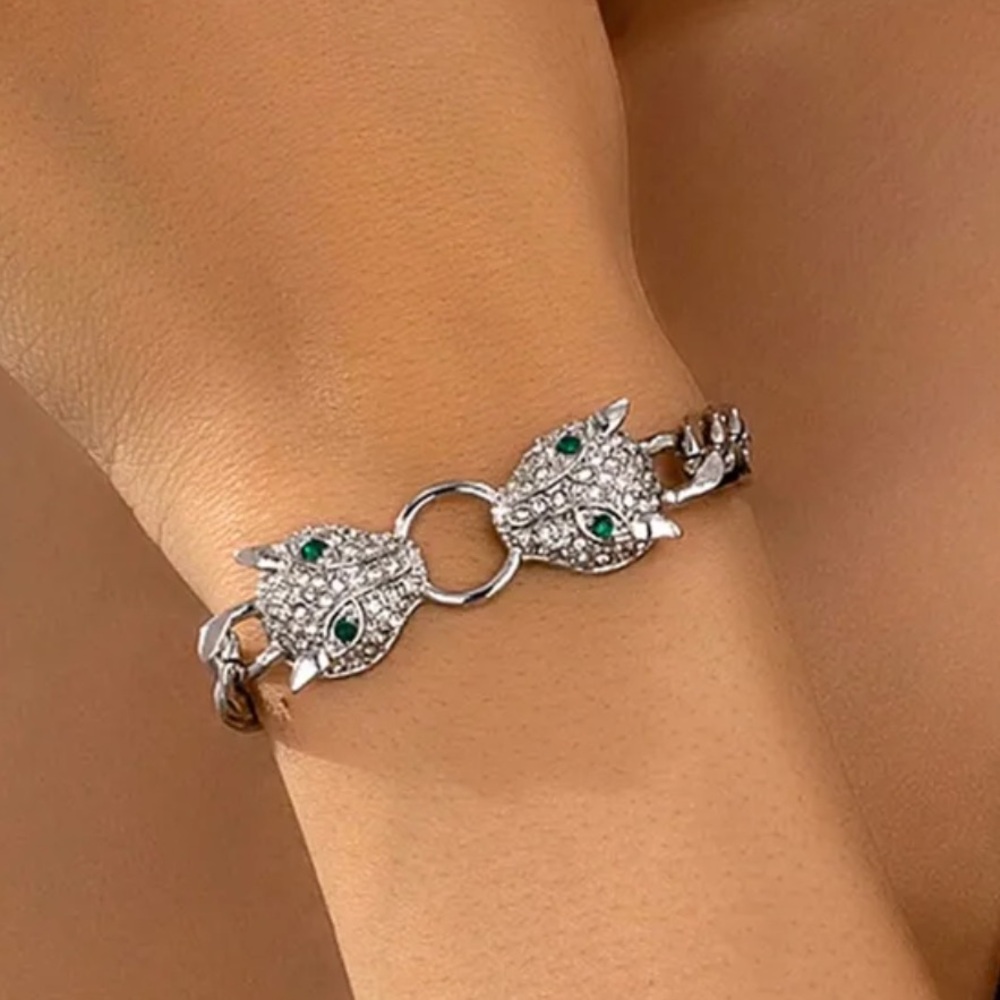 Silver Crystal Panther Head Chain Bracelet with Green Eyes - Picture 5 of 5